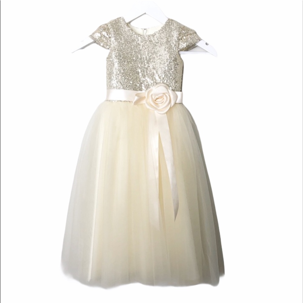 Custom Girls Toddler Cream Gold Special Occasion Tulle Sequin Dress Size 2T (B)